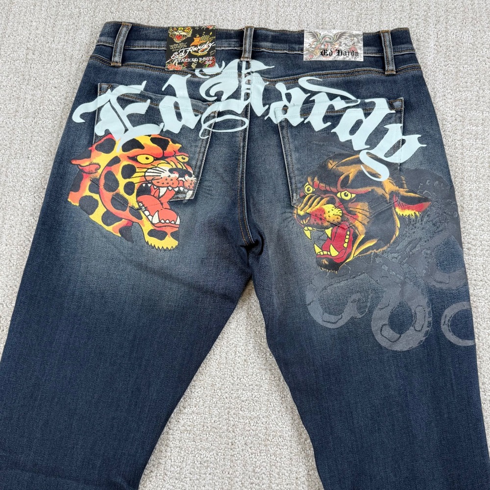 NEW Ed Hardy Mens 30x36 Med Blast Stacked Bootcut Tiger Stretch Blue Jeans